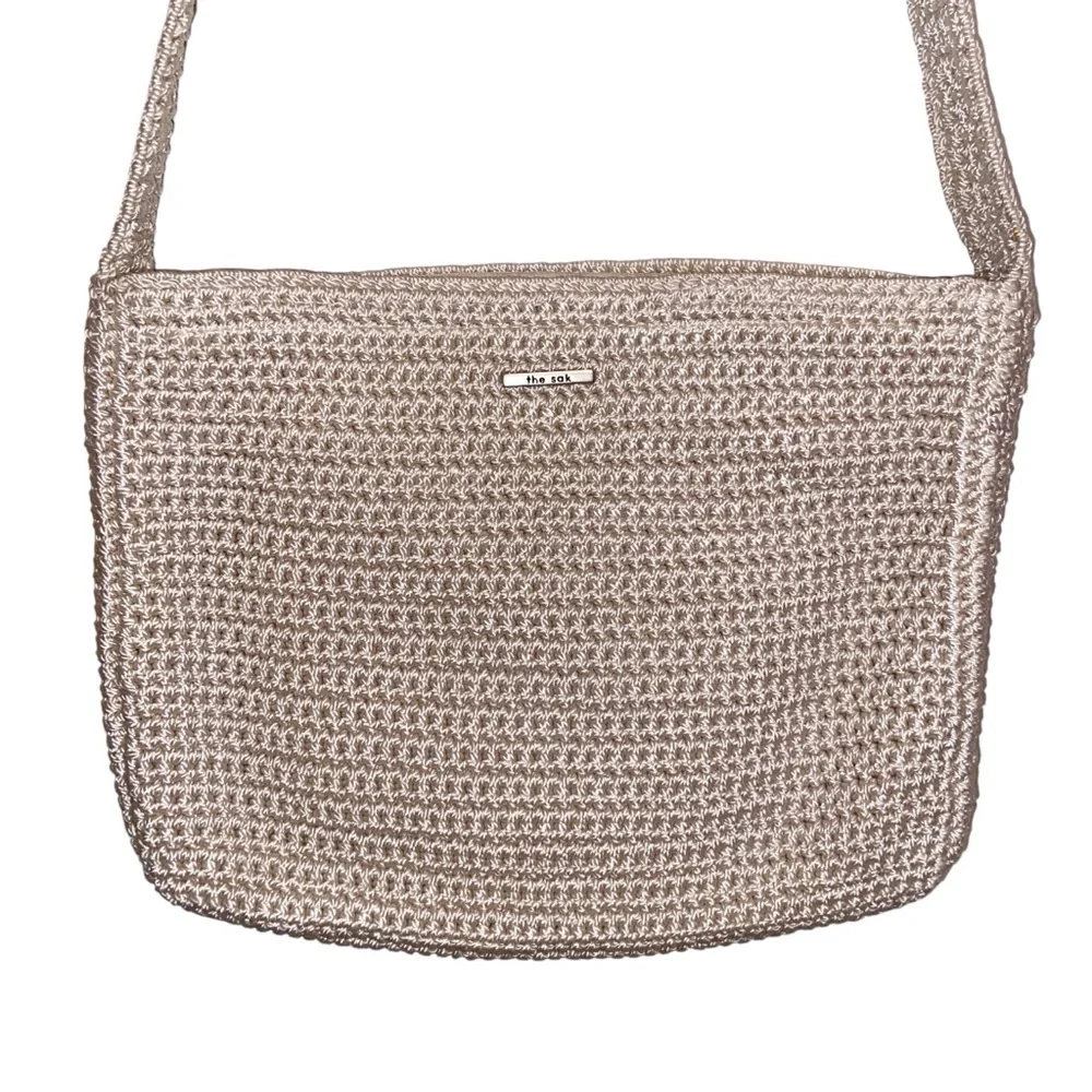 The Sak Bag Womens Purse Woven Crochet Zip top Shoulder Bag Boho Beige Neutral